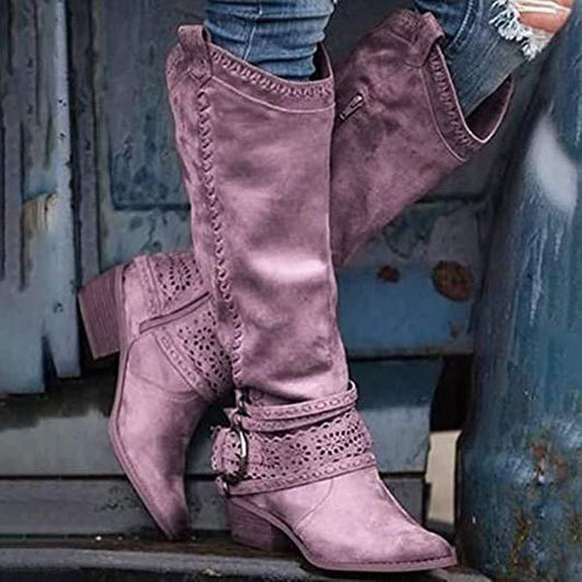 Eveloria Damen Cowboystiefel Wildleder Spitz Niedriger Absatz Schwarz - Eveloria
