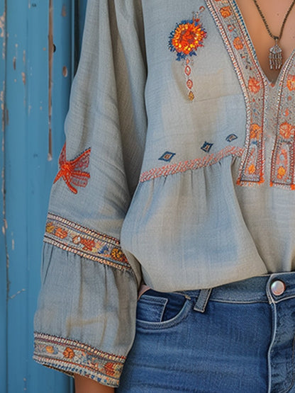 Damen Bluse Bohemian Bestickt Leicht Sommerweiß