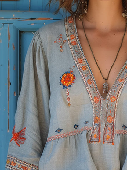 Damen Boho Bluse Stickerei V-Ausschnitt