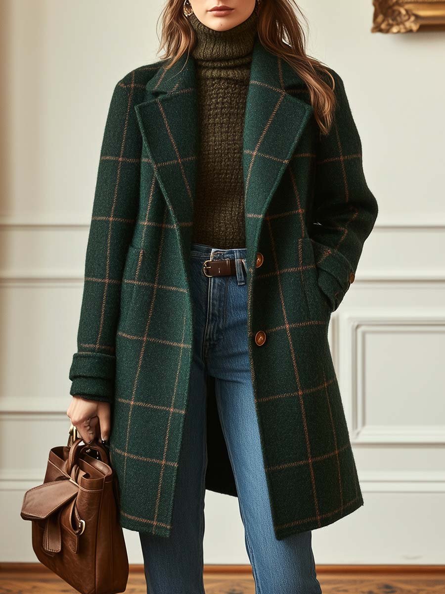 Damen Wollmantel Kariert Warm Schwarzweiß - Eveloria