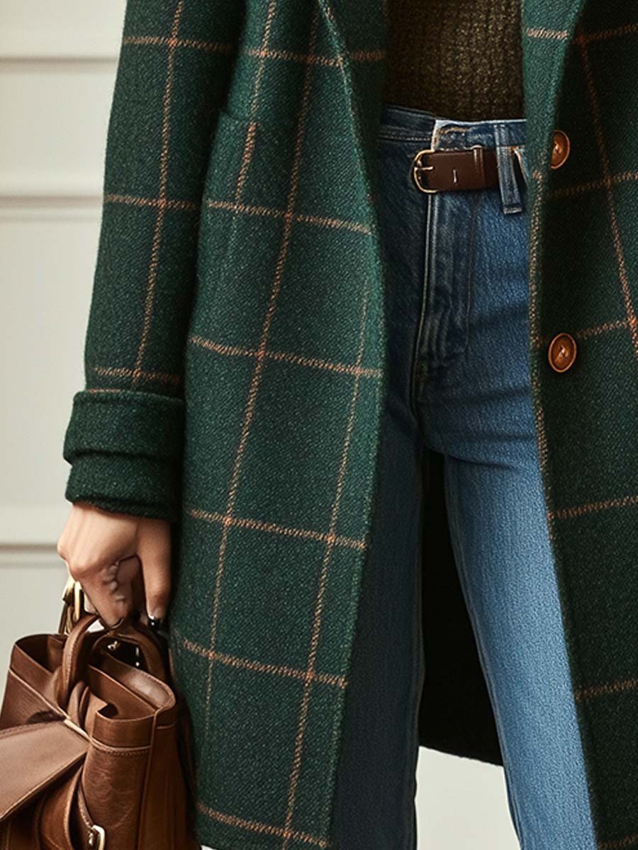 Damen Wollmantel Kariert Warm weiß