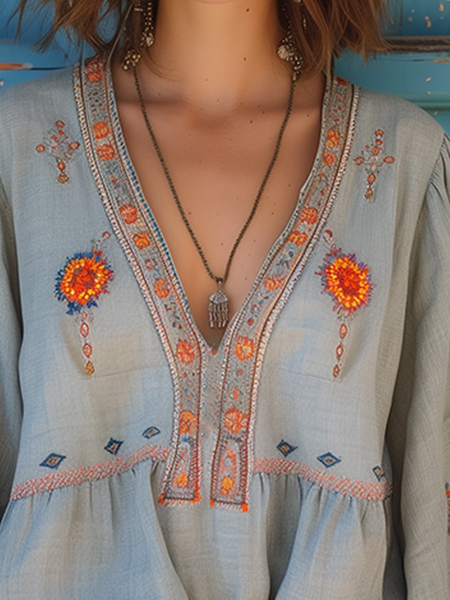 Damen Bluse Bohemian Bestickt Leicht Sommerweiß