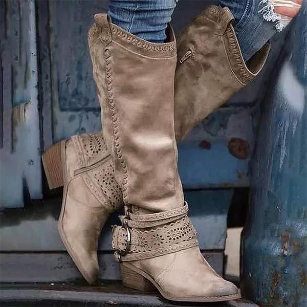 Eveloria Damen Cowboystiefel Wildleder Spitz Niedriger Absatz