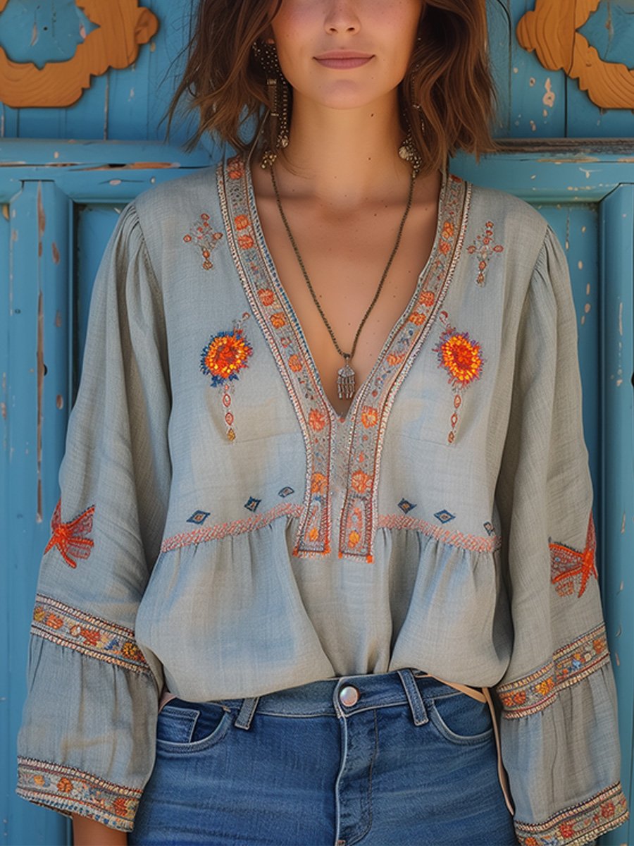 Damen Boho Bluse Stickerei V-Ausschnitt - Eveloria