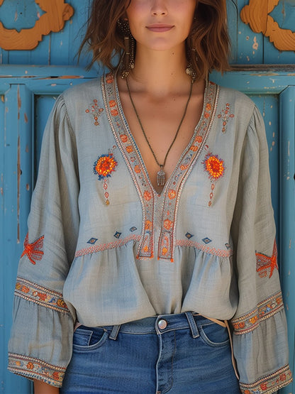 Damen Bluse Bohemian Bestickt Leicht Sommerweiß - Eveloria