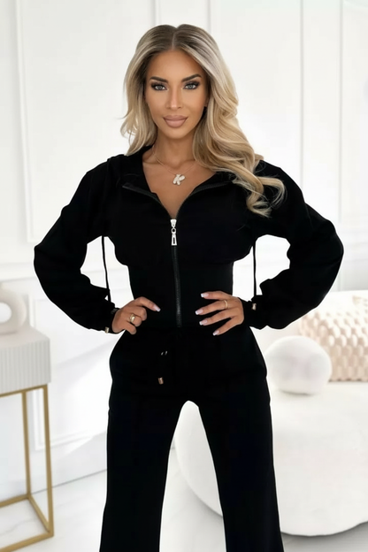 Damen 2-Teiliger Jogginganzug Weite Bein Hose Kurzer Kapuzenpullover
