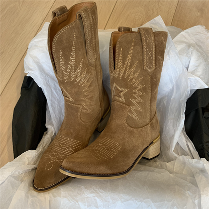 Eveloria Damen Cowboy Stiefel Leder Braun
