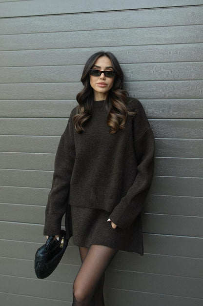 Damen Strickpullover und Minirock Set Weich Beige