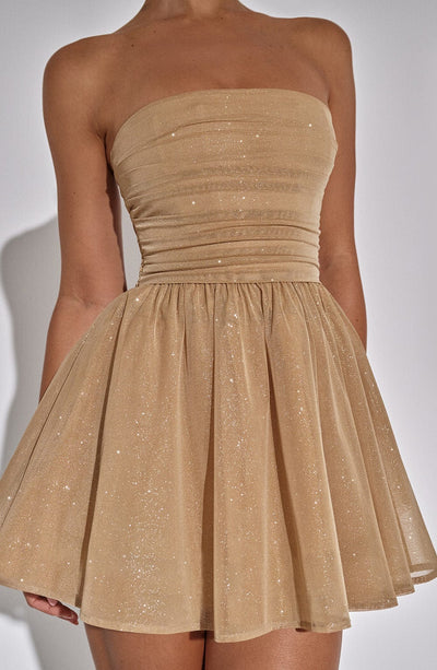 Schulterfreies Minikleid Glitzerdetails Ausgestellter Rock