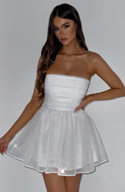 Schulterfreies Minikleid Glitzerdetails Ausgestellter Rock