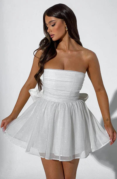Schulterfreies Minikleid Glitzerdetails Ausgestellter Rock