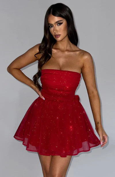 Schulterfreies Minikleid Glitzerdetails Ausgestellter Rock