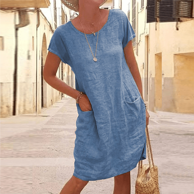 Damen Sommerkleid Rundhalsausschnitt Mit Taschen Leicht