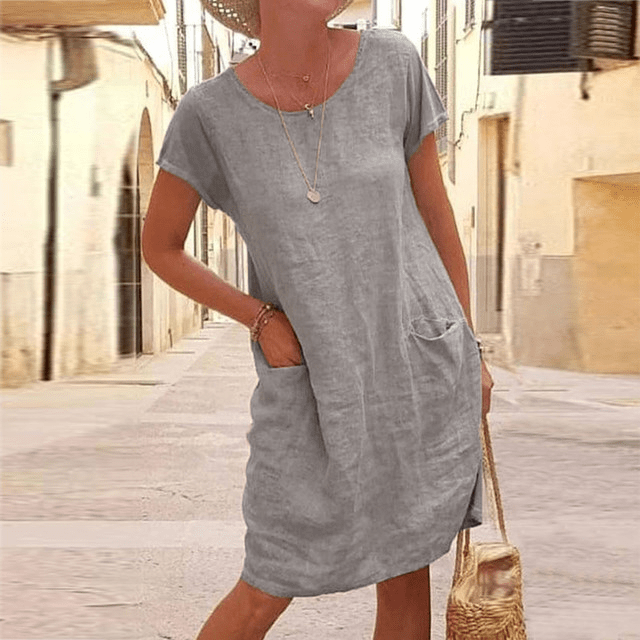 Damen Sommerkleid Rundhalsausschnitt Mit Taschen Leicht