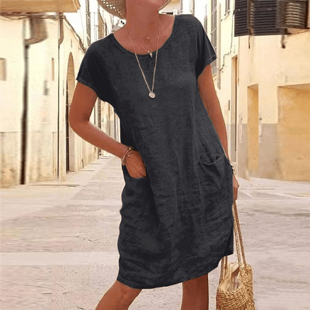 Damen Sommerkleid Rundhalsausschnitt Mit Taschen Leicht - Eveloria