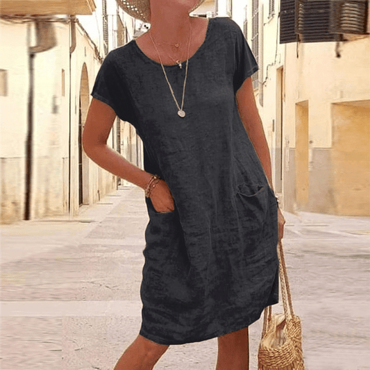 Damen Sommerkleid Rundhalsausschnitt Mit Taschen Leicht - Eveloria