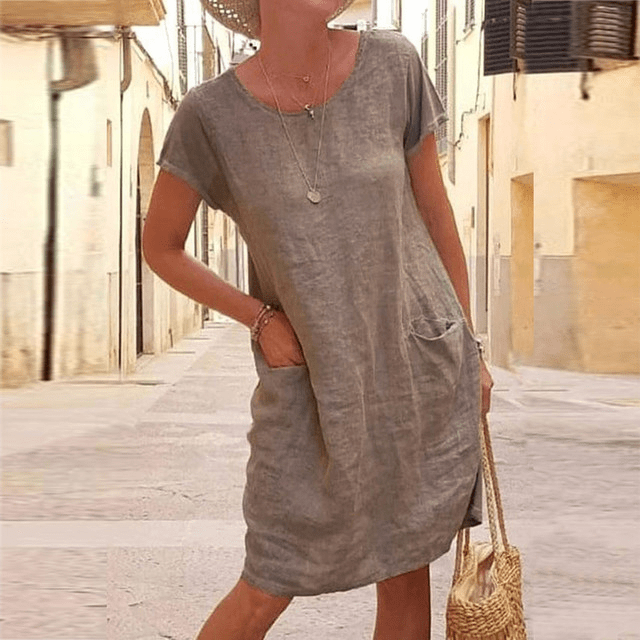 Damen Sommerkleid Rundhalsausschnitt Mit Taschen Leicht