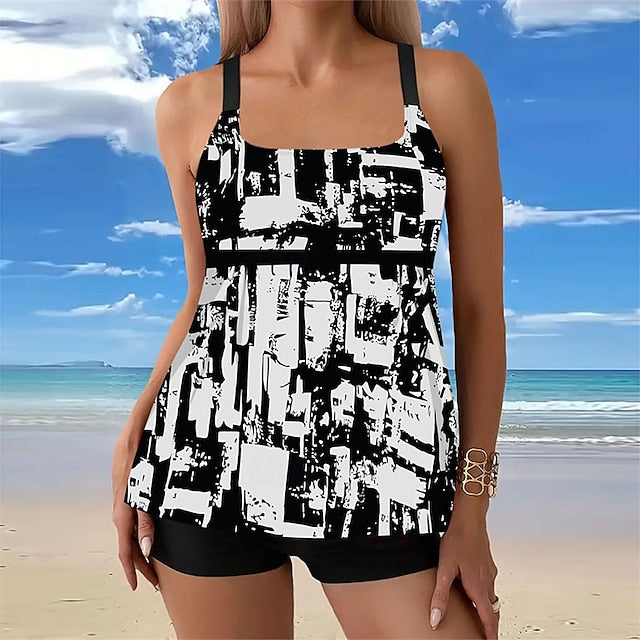 Damen Tankini Set Quadratausschnitt Shorts Bequem Schwarz - Eveloria
