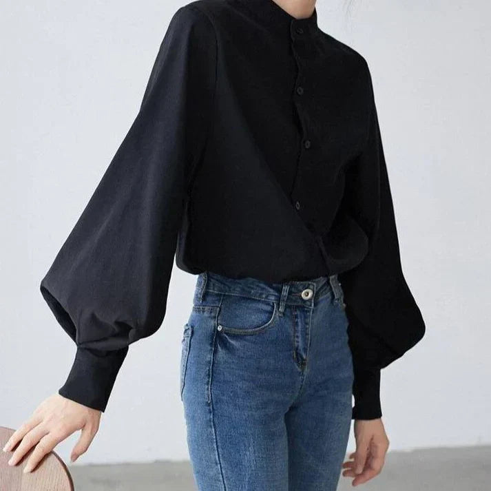 Eveloria Damen Rollkragenbluse Ballonärmel Klassisch