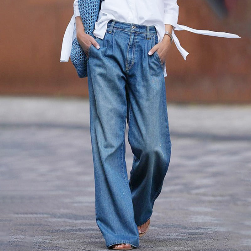 Damen High Waist Baggy Jeans Weite Beinöffnung Blau - Eveloria
