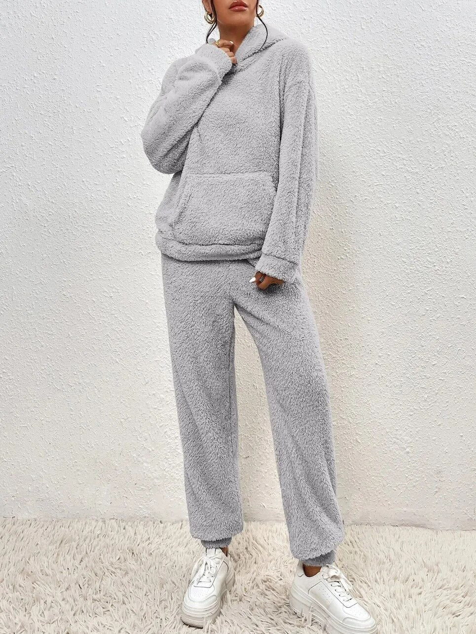 Damen Teddy Lounge Set Zweiteilig Kuschelig Grau