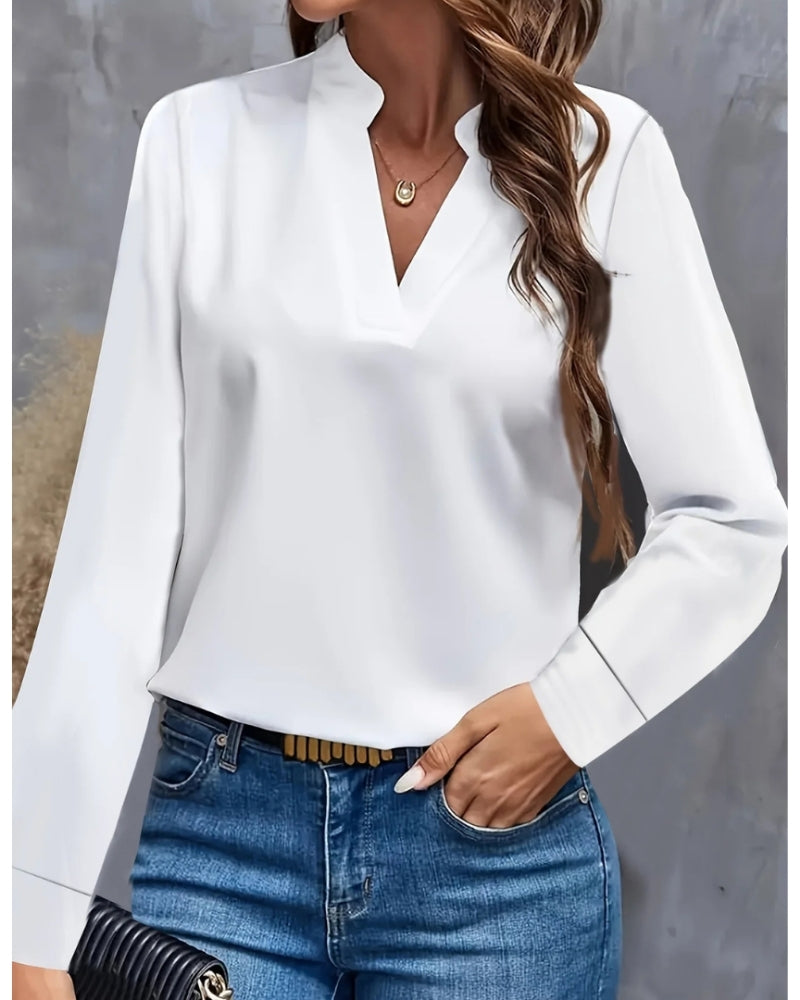 Damen Langarmbluse V-Ausschnitt Elegante Bürobluse Weiss - Eveloria
