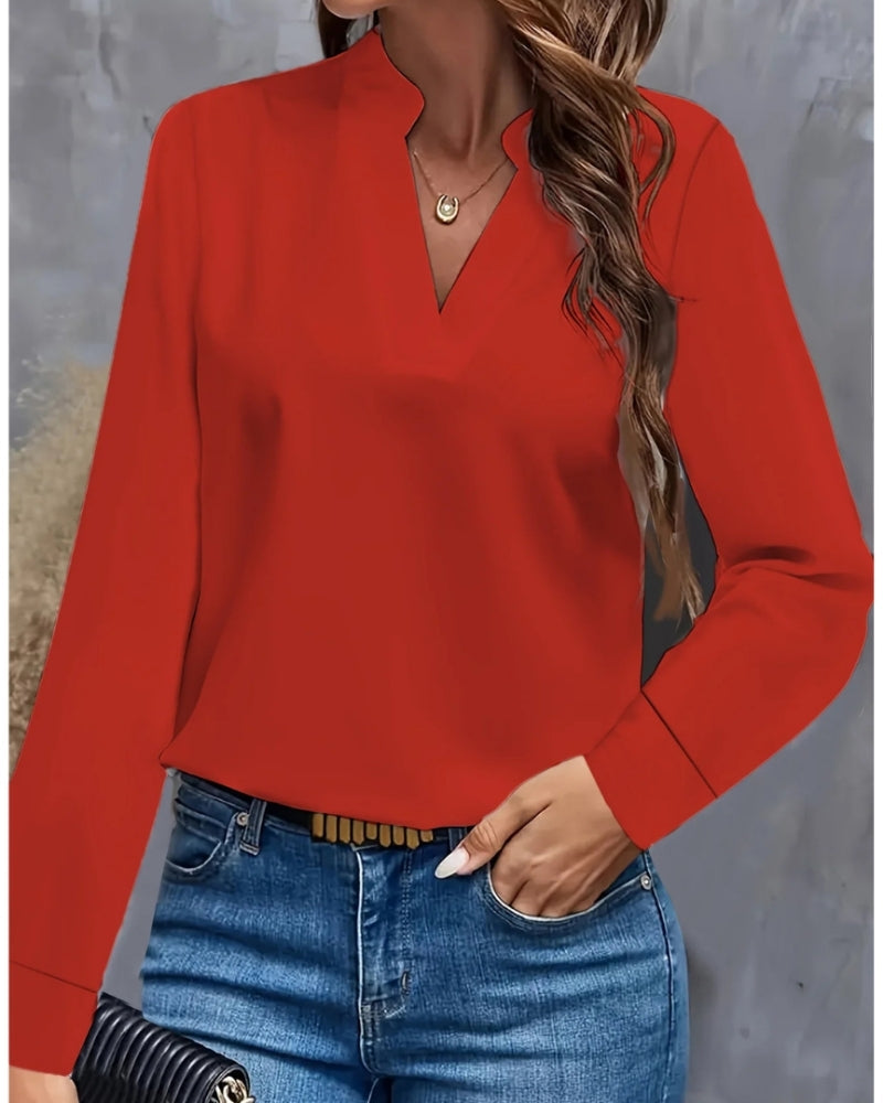 Damen Langarmbluse V-Ausschnitt Elegante Bürobluse Weiss