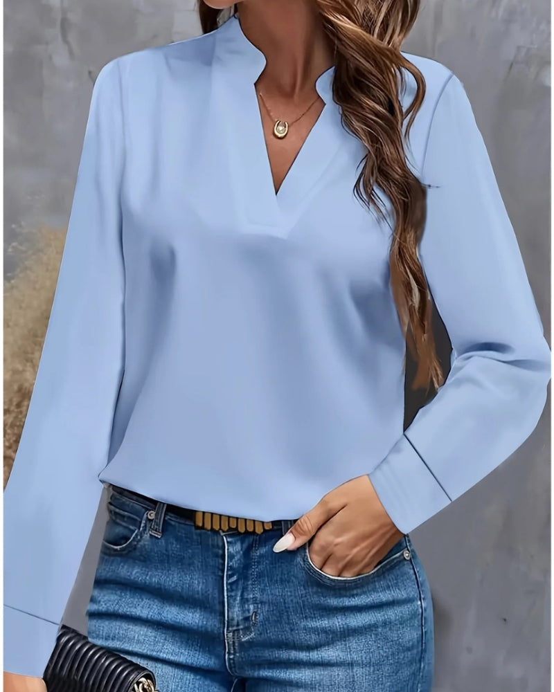 Damen Langarmbluse V-Ausschnitt Elegante Bürobluse Weiss
