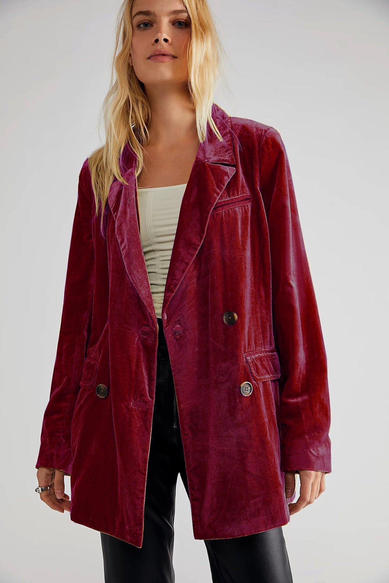 Damen Samt Blazer Klassisch Doppelreihig Schwarz - Eveloria