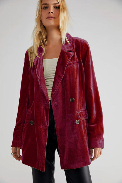 Damen Samt Blazer Klassisch Doppelreihig Schwarz - Eveloria