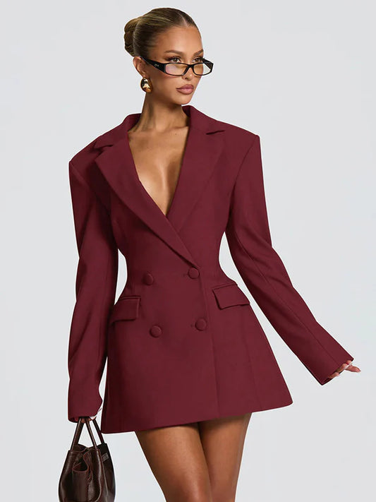 Damen Blazer-Kleid Satin-Revers Elegant Schwarz - Eveloria