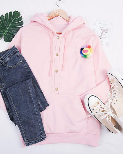 Damen Hoodie mit Knopfleiste Kordelzug Kängurutaschen