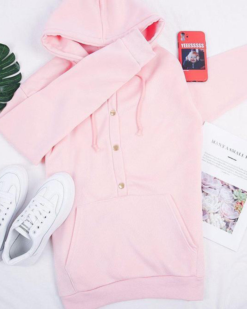 Damen Hoodie mit Knopfleiste Kordelzug Kängurutaschen