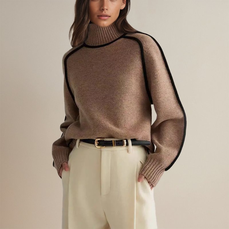 Damen Winter Rollkragenpullover Color Block Design