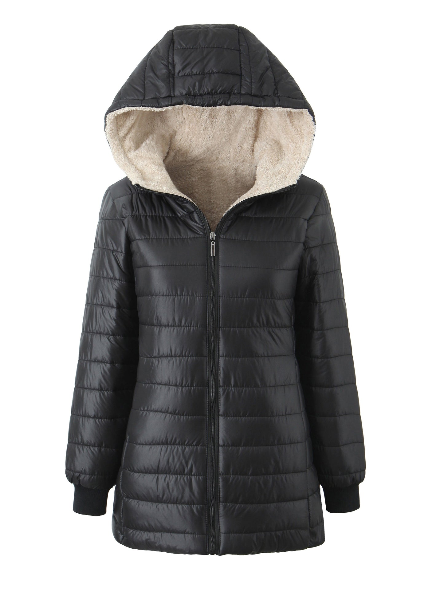 Damen Steppjacke mit Kapuze Warmes Fleece Schwarz - Eveloria
