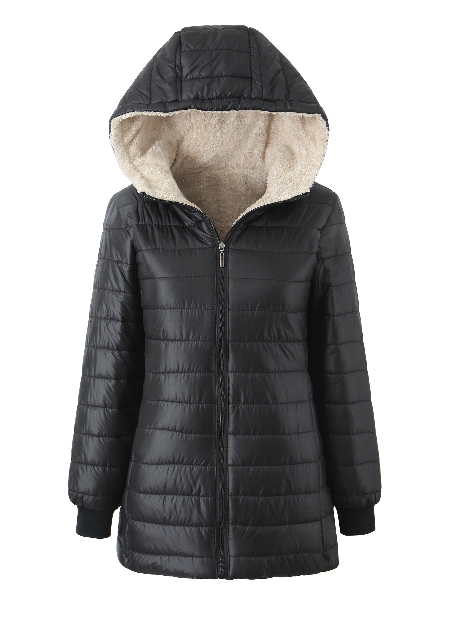 Damen Steppjacke mit Kapuze Warmes Fleece Schwarz - Eveloria
