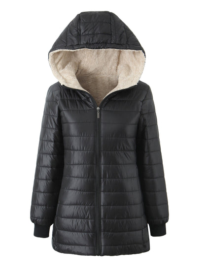 Damen Steppjacke mit Kapuze Warmes Fleece Schwarz - Eveloria