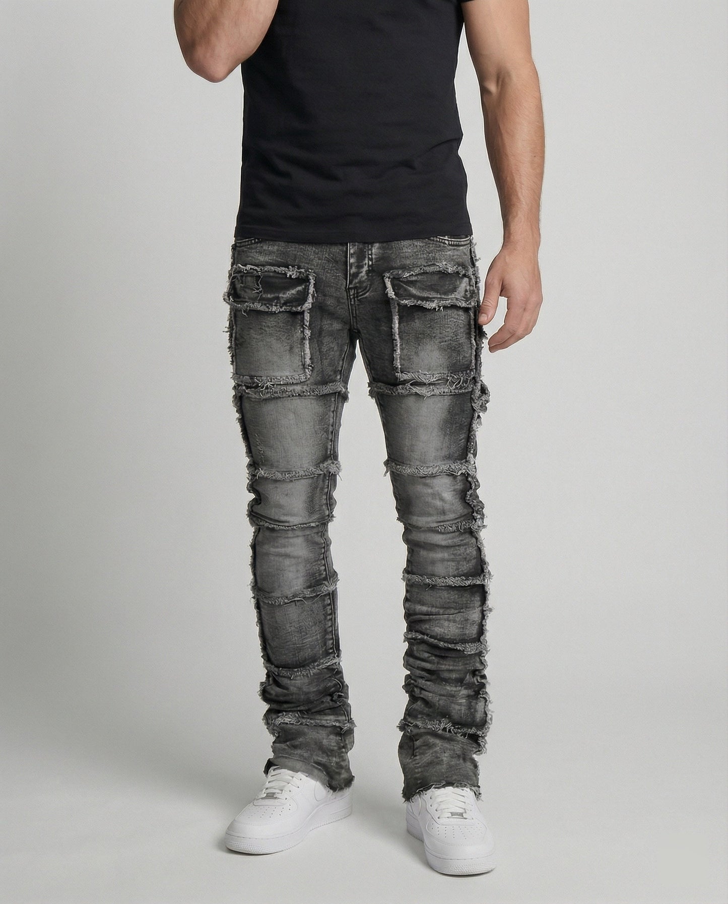 Herren Slim Fit Jeans Cargotaschen Darkblue