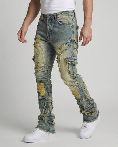 Herren Destroyed Jeans Cargotaschen Blau