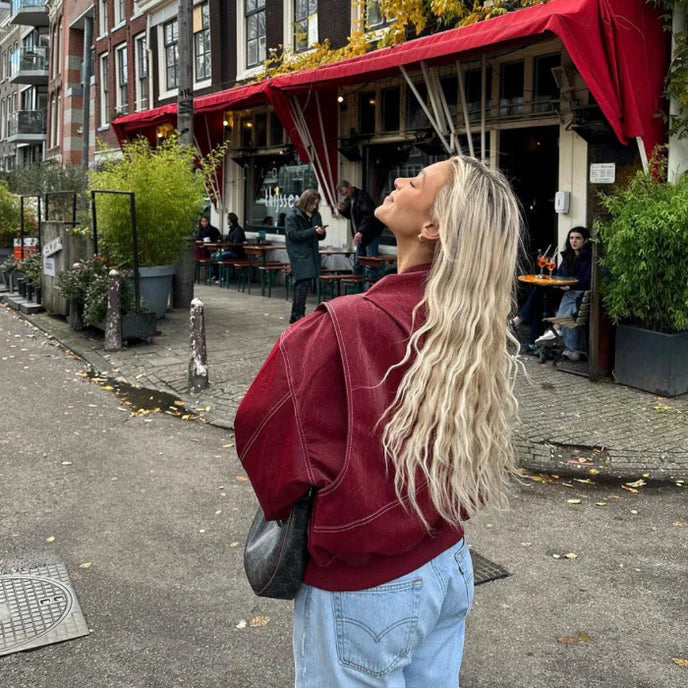 Damen Oversized Jacke Reißverschluss Roter Kragen