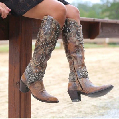 Eveloria Damen Cowboystiefel Absatz Leder Schwarz - Eveloria