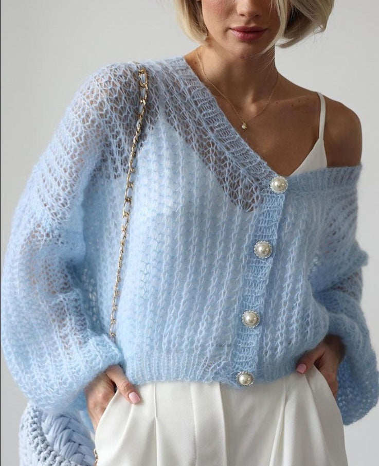 Eveloria Damen Strickjacke Hellblau Perlenknöpfe