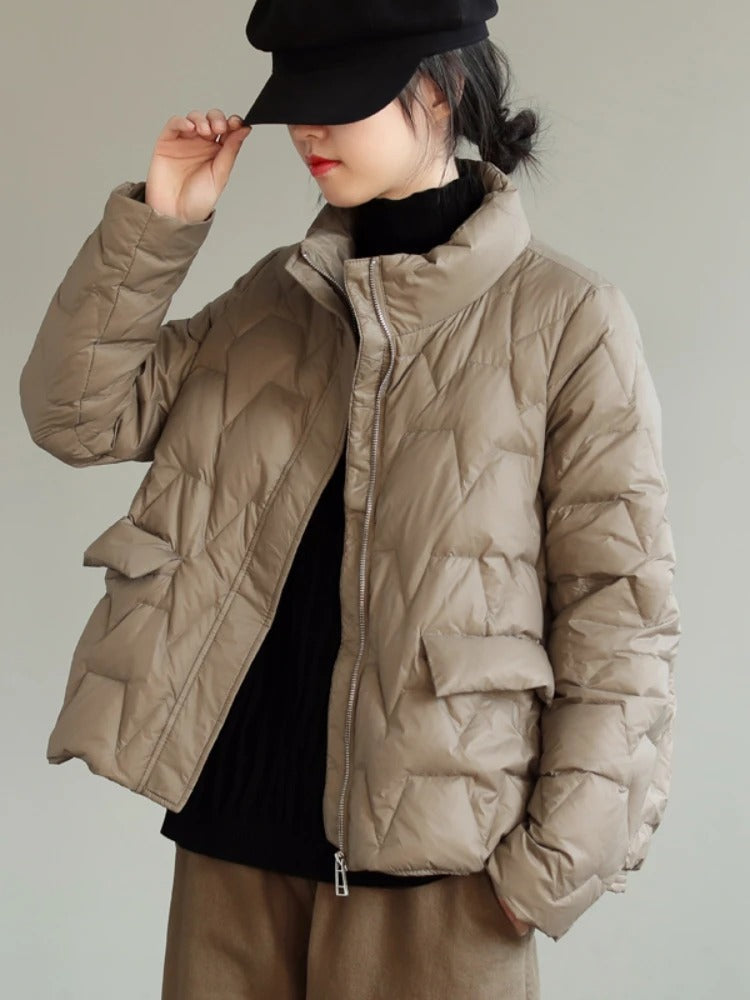 Damen Ultraleichte Wattierte Daunenjacke Stehkragen Schwarz - Eveloria