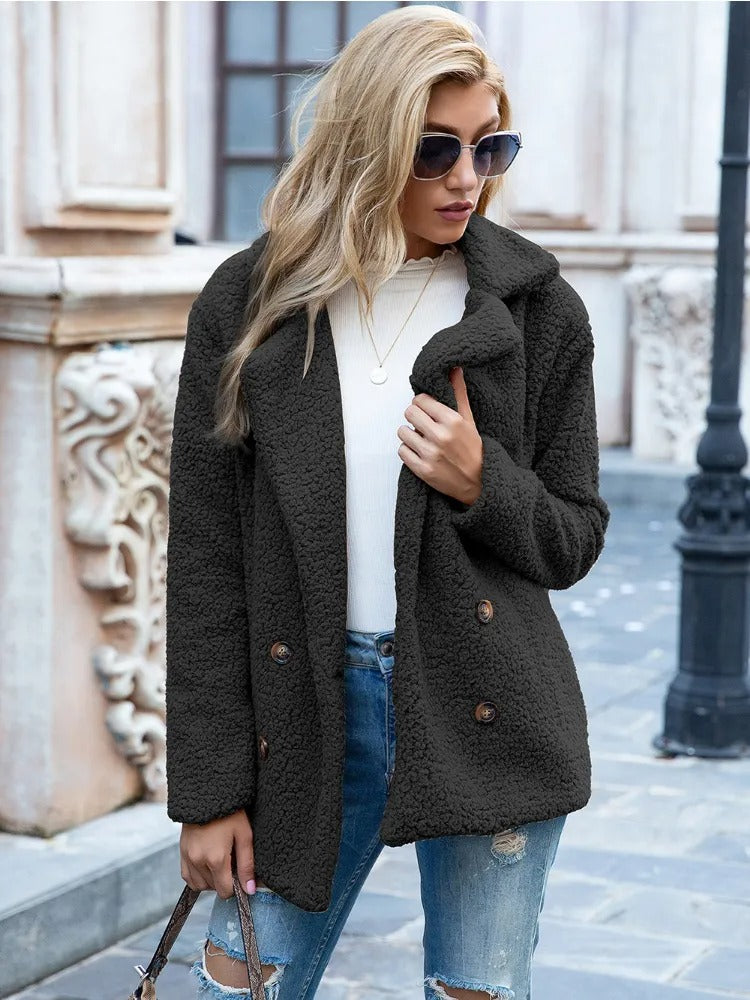 Damen Teddy Wintermantel Kuschelig Warm Uni-Farbe