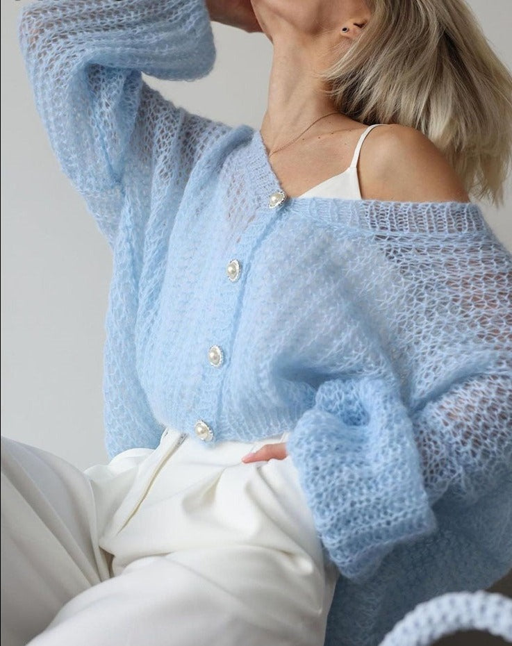 Eveloria Damen Strickjacke Hellblau Perlenknöpfe - Eveloria