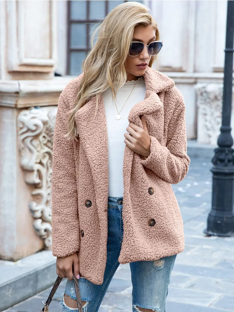 Damen Teddy Wintermantel Kuschelig Warm Uni-Farbe
