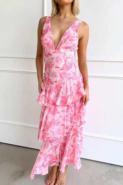 Damen Geblümtes Maxikleid Elegantes Stufenkleid