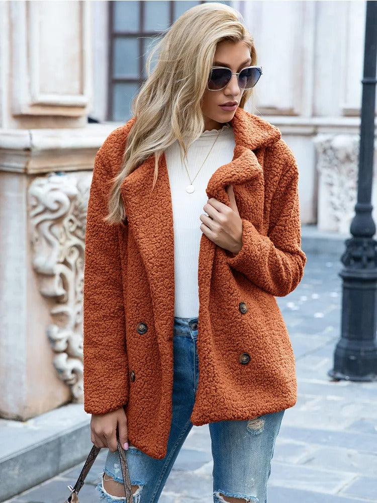 Damen Teddy Wintermantel Kuschelig Warm Uni-Farbe