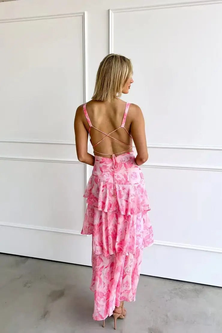 Cany Damen Maxikleid Blumenmuster V-Ausschnitt Stufenrock