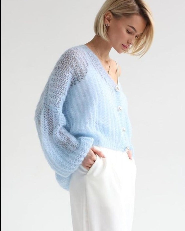 Eveloria Damen Strickjacke Hellblau Perlenknöpfe
